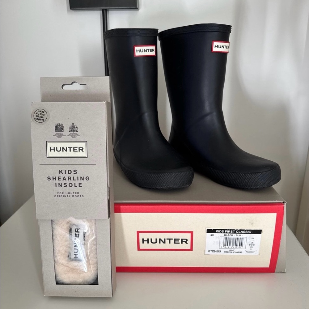 Like New Kids Unisex Hunter Rain Boots, Black, Size US 13, With Shearling Insole
